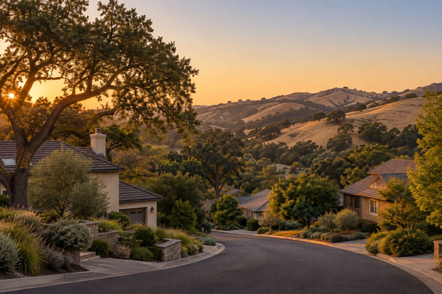 A Novato residential street at sunset, illustrative