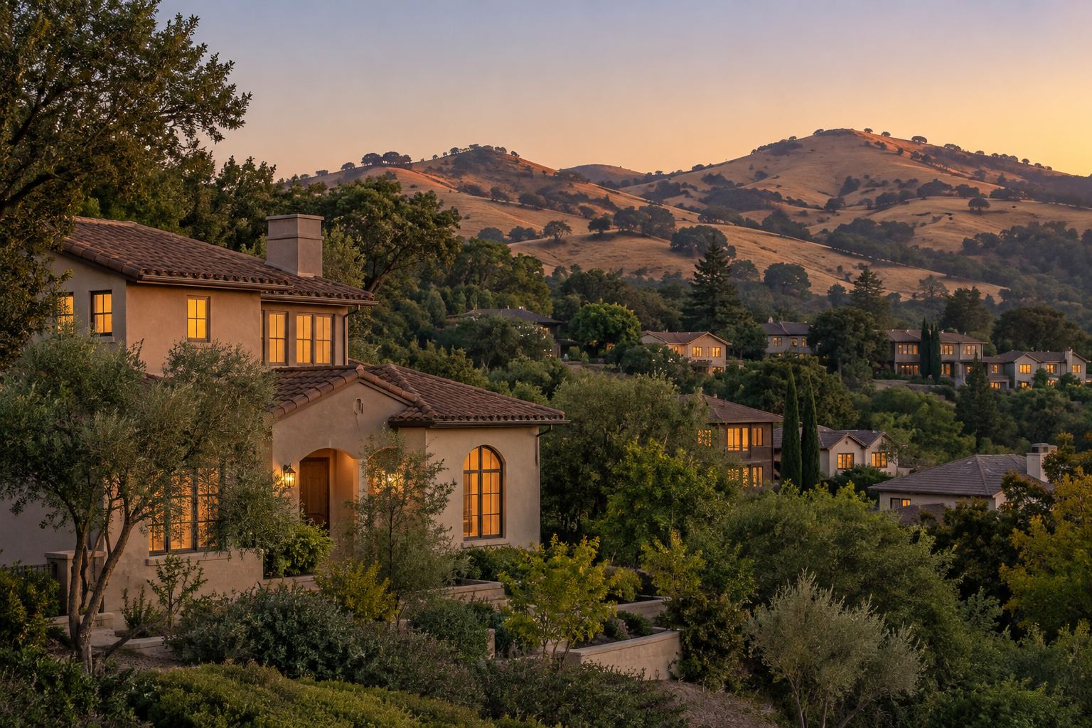 A Marin County home at dusk, illustrative