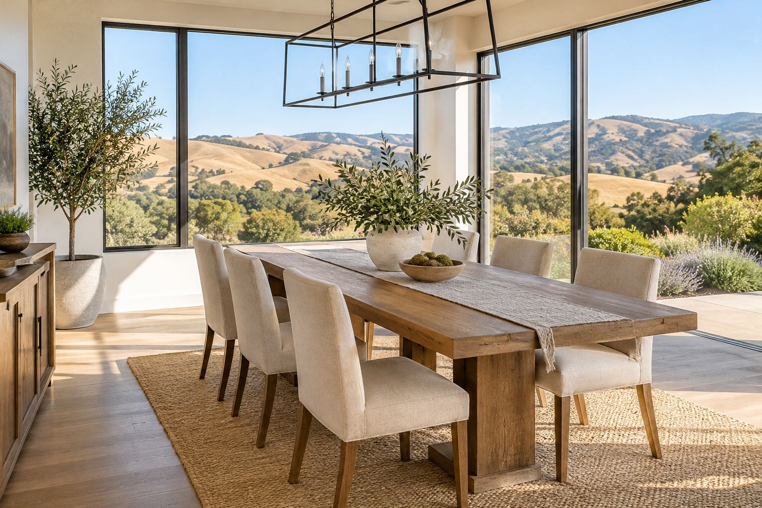 A bright dining room, illustrative